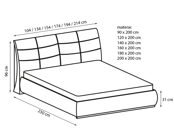 Łóżko Apollo S - wymiary